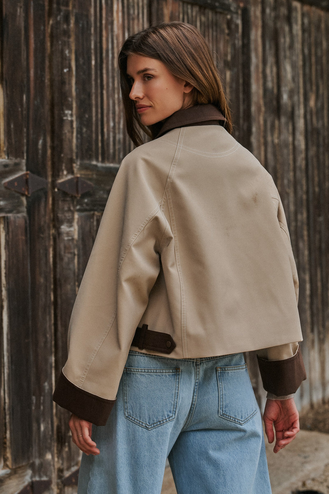 Faux Leather Western Jacket With Corduroy Trim in Khaki - Women's Wholesale Jackets & Blazers | Trend Notes