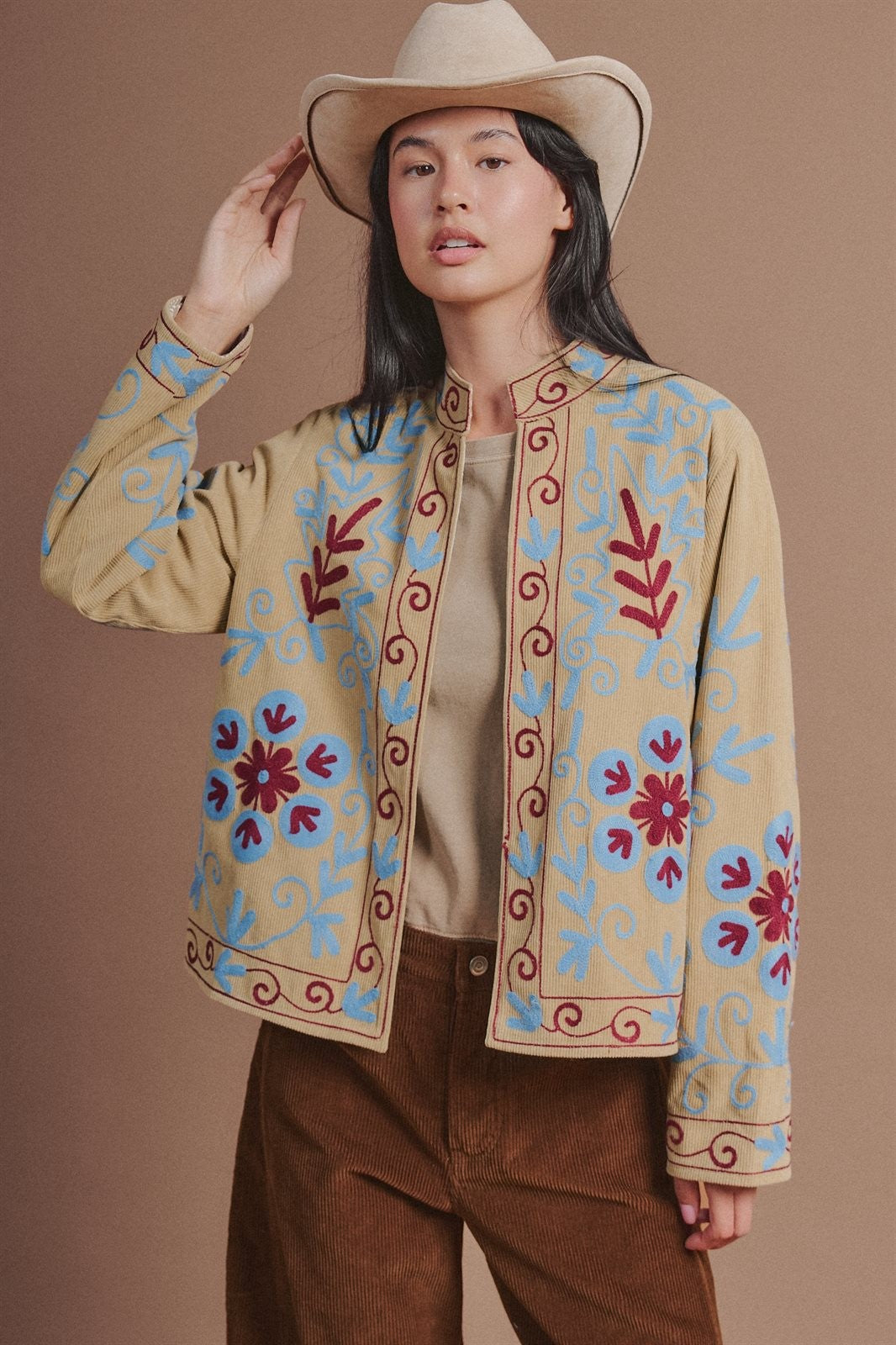 Embroidered Corduroy Jacket with Folk Floral Scroll in Khaki - Women's Wholesale Fashion | Trend Notes