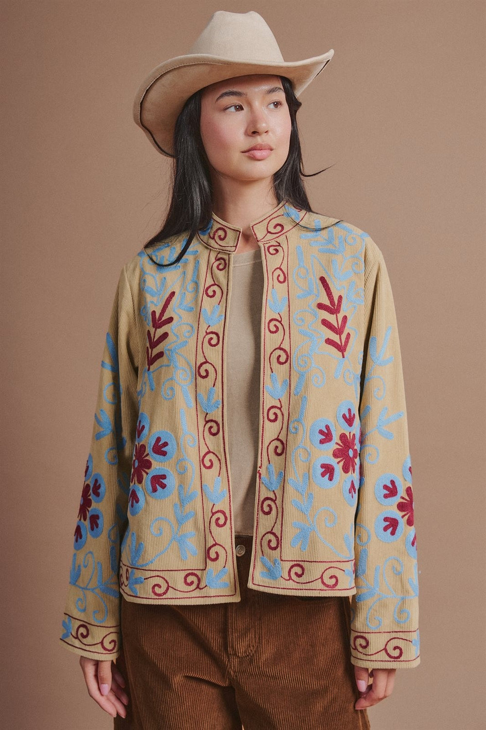 Embroidered Corduroy Jacket with Folk Floral Scroll in Khaki - Women's Wholesale Fashion | Trend Notes