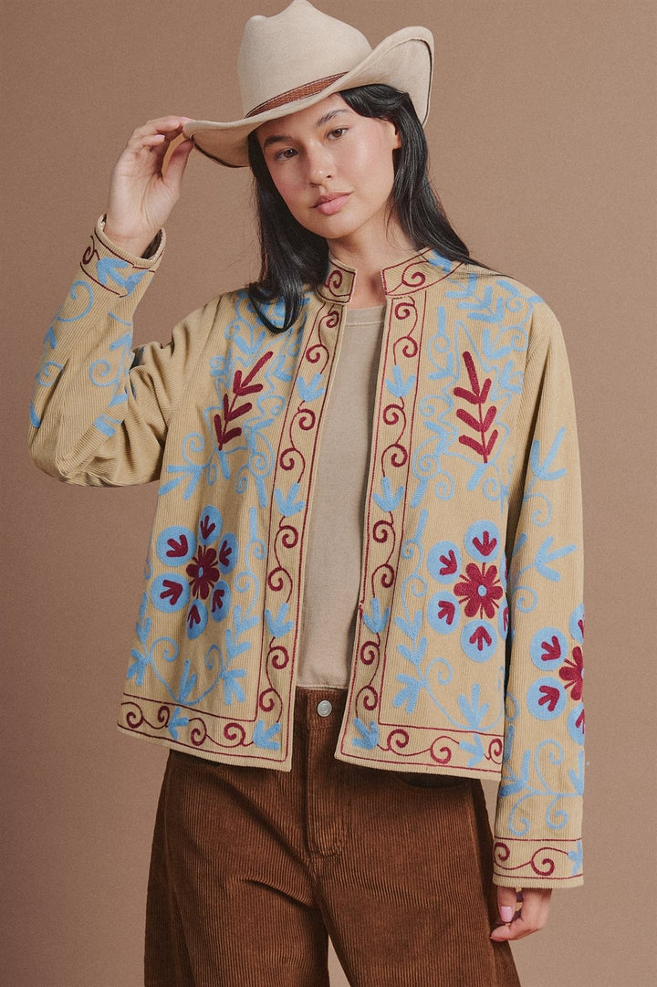 Embroidered Corduroy Jacket with Folk Floral Scroll in Khaki - Women's Wholesale Fashion | Trend Notes