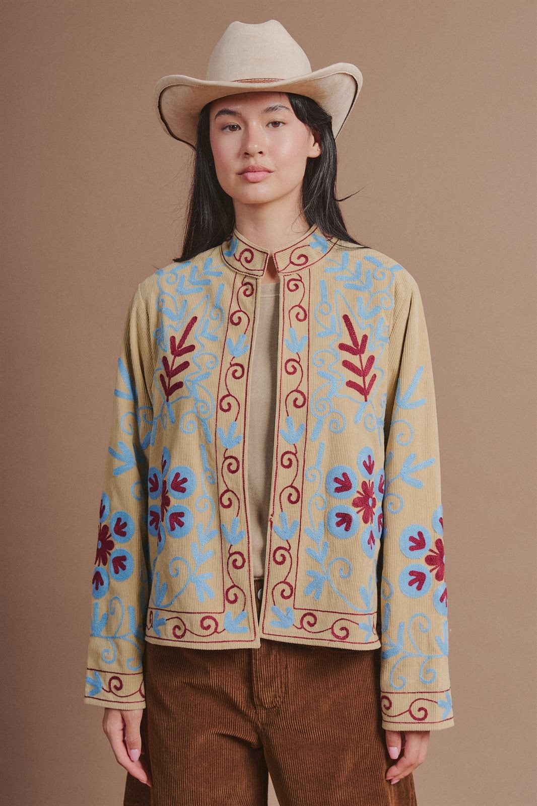 Embroidered Corduroy Jacket with Folk Floral Scroll in Khaki - Women's Wholesale Fashion | Trend Notes