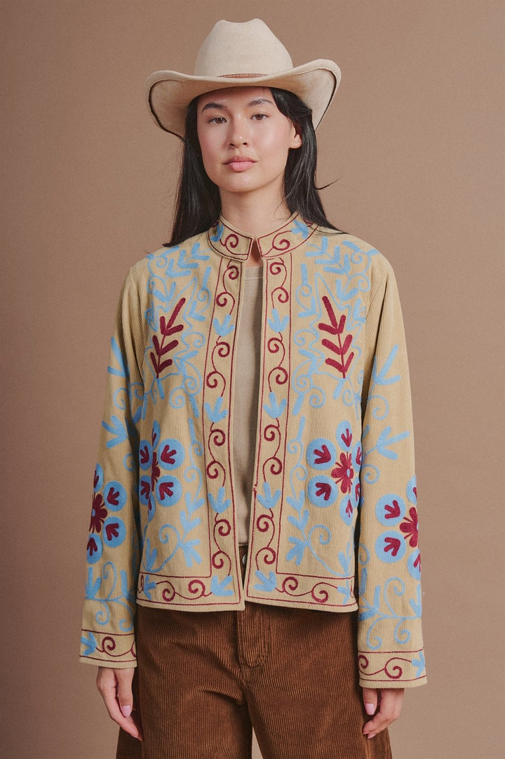 Embroidered Corduroy Jacket with Folk Floral Scroll in Khaki - Women's Wholesale Fashion | Trend Notes