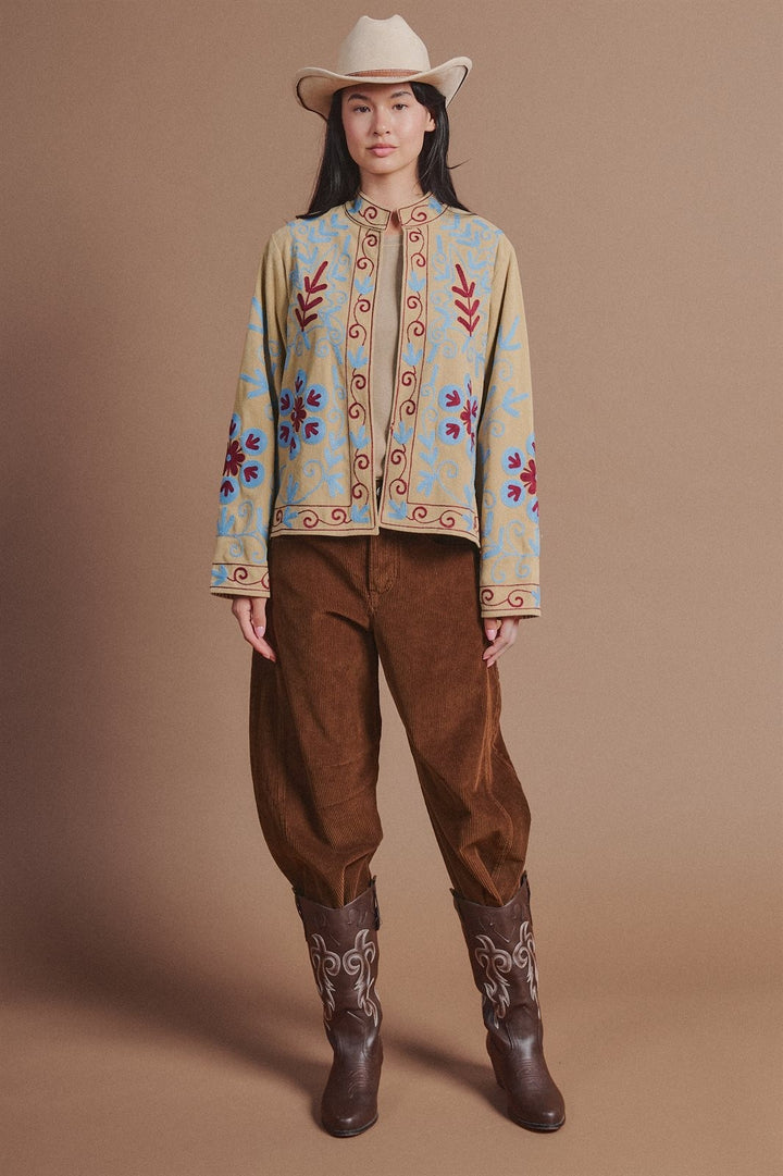 Embroidered Corduroy Jacket with Folk Floral Scroll in Khaki - Women's Wholesale Fashion | Trend Notes