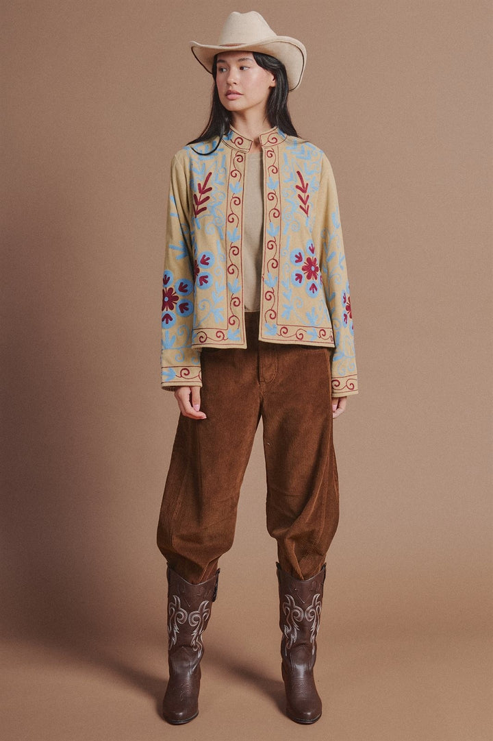 Embroidered Corduroy Jacket with Folk Floral Scroll in Khaki - Women's Wholesale Fashion | Trend Notes