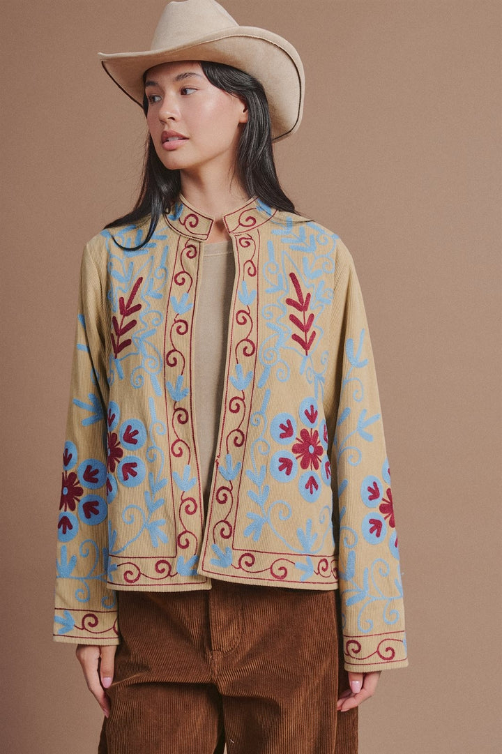 Embroidered Corduroy Jacket with Folk Floral Scroll in Khaki - Women's Wholesale Fashion | Trend Notes