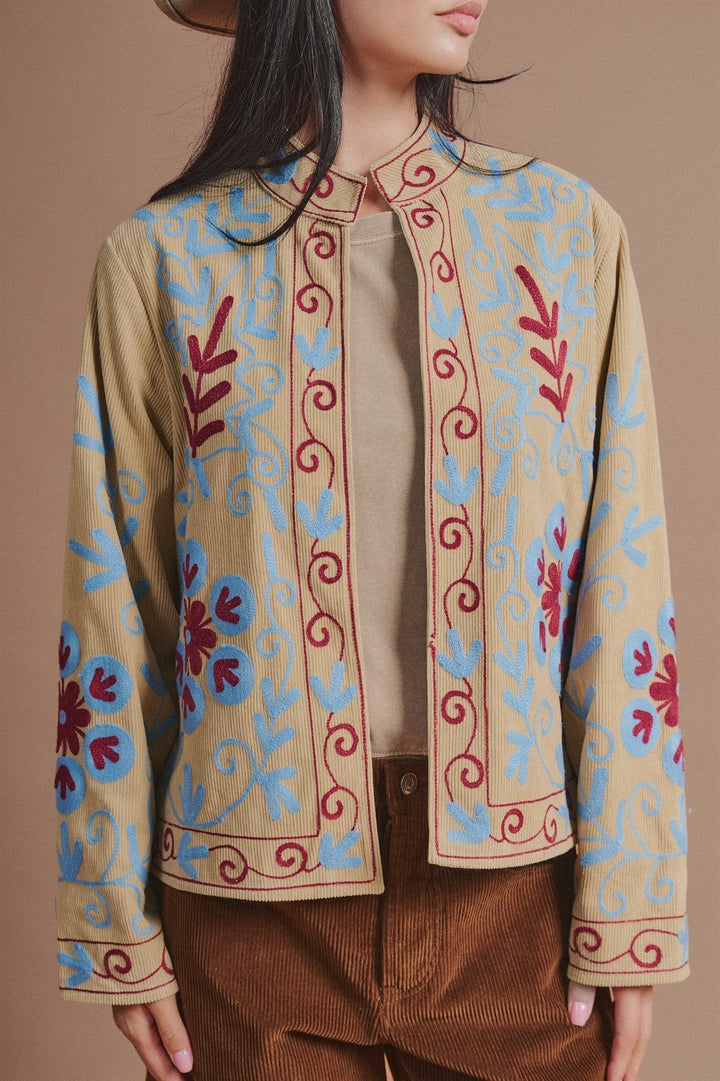 Embroidered Corduroy Jacket with Folk Floral Scroll in Khaki - Women's Wholesale Fashion | Trend Notes