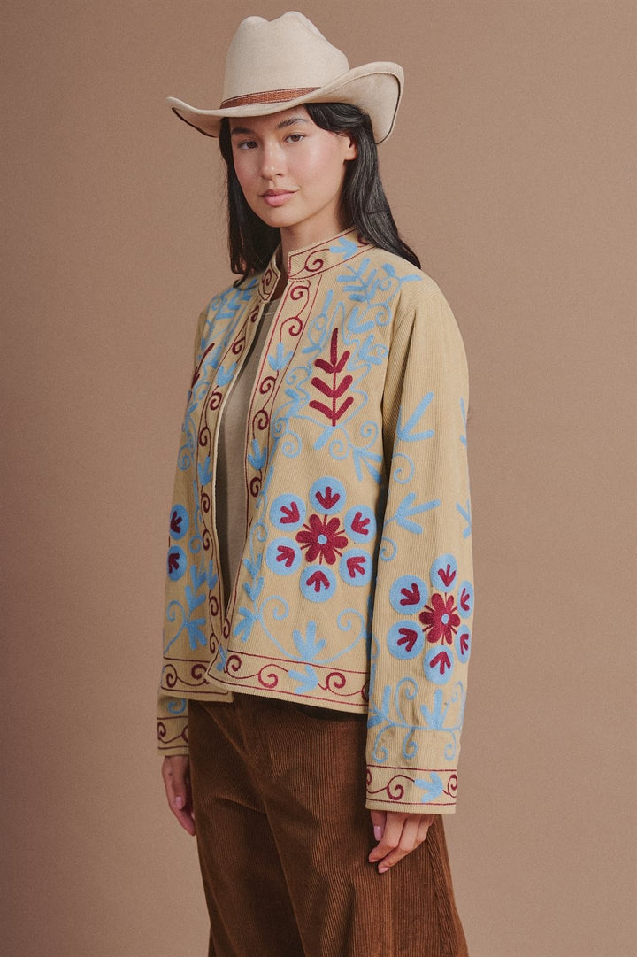 Embroidered Corduroy Jacket with Folk Floral Scroll in Khaki - Women's Wholesale Fashion | Trend Notes