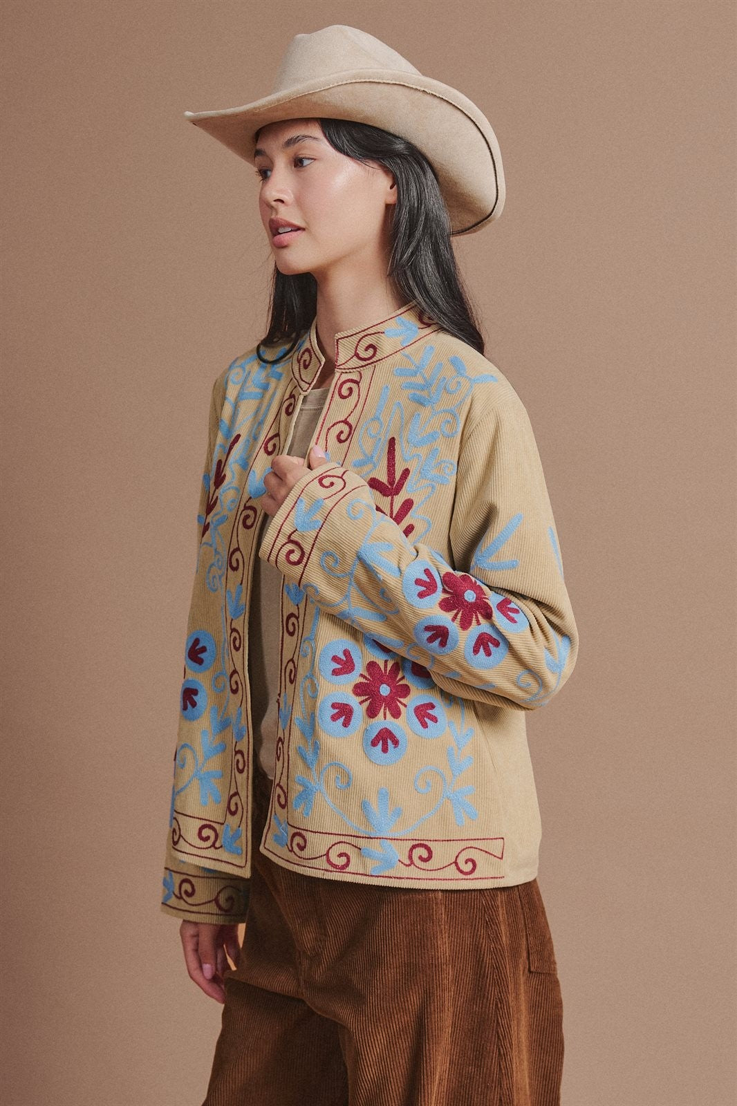 Embroidered Corduroy Jacket with Folk Floral Scroll in Khaki - Women's Wholesale Fashion | Trend Notes