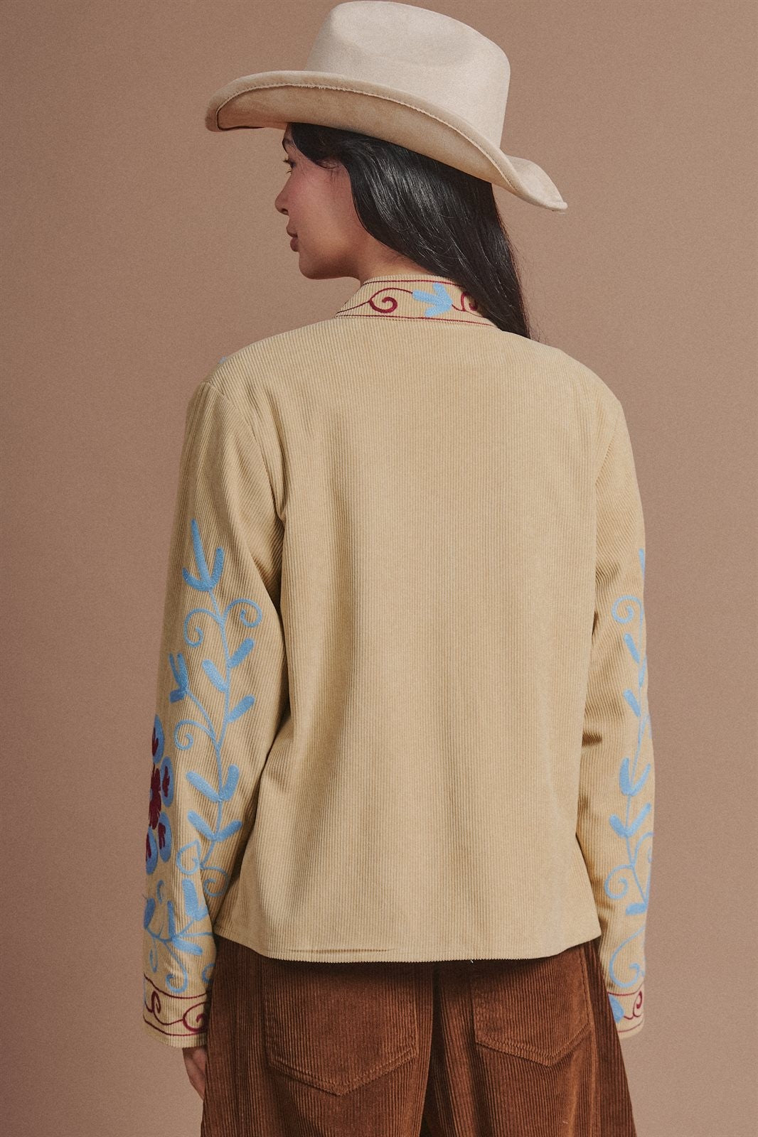 Embroidered Corduroy Jacket with Folk Floral Scroll in Khaki - Women's Wholesale Fashion | Trend Notes