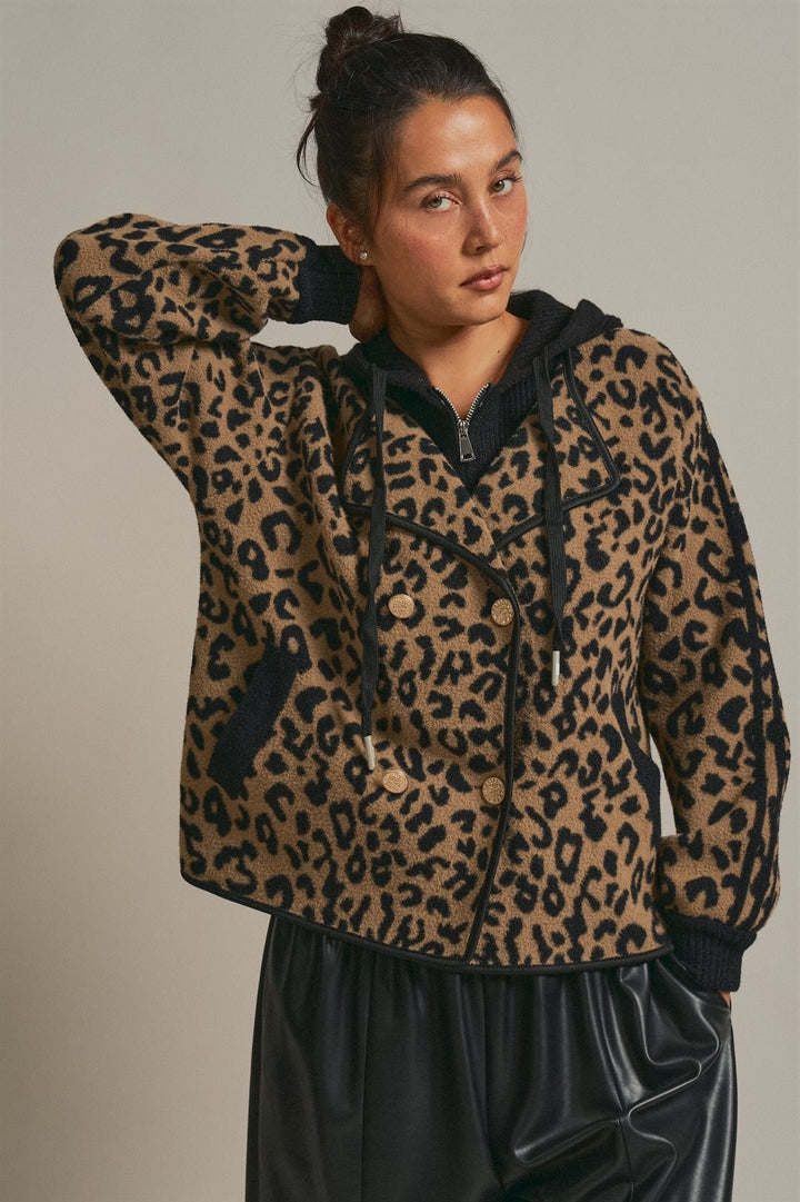 Hooded Leopard Knit Jacket With Gold Buttons in Leopard - Women's Wholesale Fashion | Trend Notes