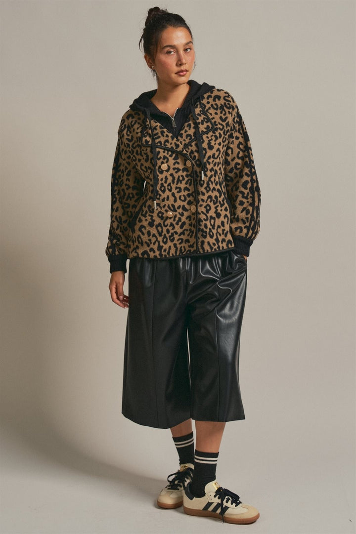 Hooded Leopard Knit Jacket With Gold Buttons in Leopard - Women's Wholesale Fashion | Trend Notes