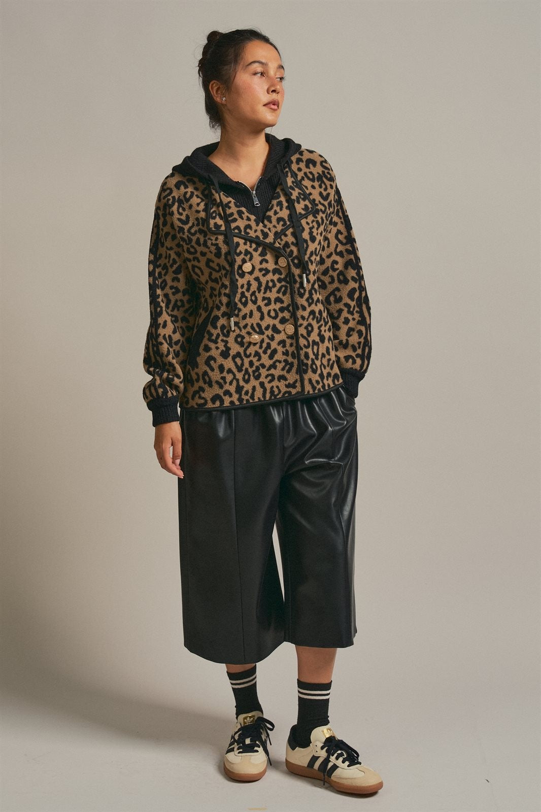 Hooded Leopard Knit Jacket With Gold Buttons in Leopard - Women's Wholesale Fashion | Trend Notes