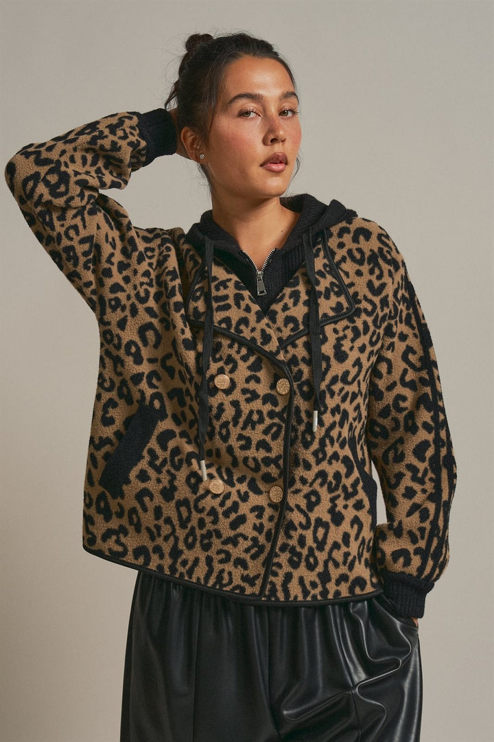 Hooded Leopard Knit Jacket With Gold Buttons in Leopard - Women's Wholesale Fashion | Trend Notes