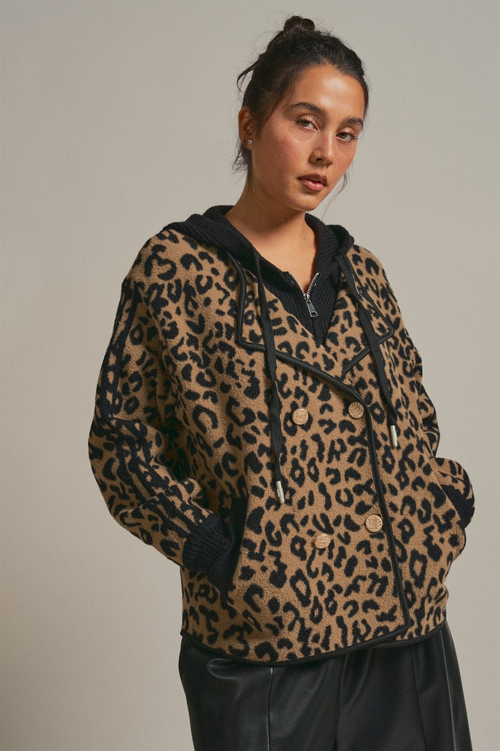 Hooded Leopard Knit Jacket With Gold Buttons in Leopard - Women's Wholesale Fashion | Trend Notes