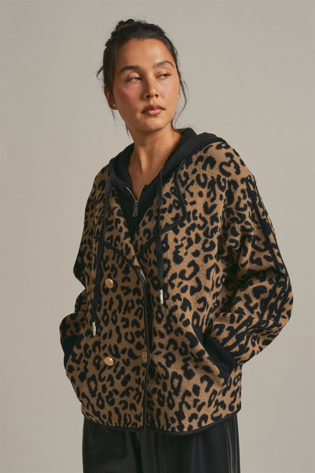 Hooded Leopard Knit Jacket With Gold Buttons in Leopard - Women's Wholesale Fashion | Trend Notes