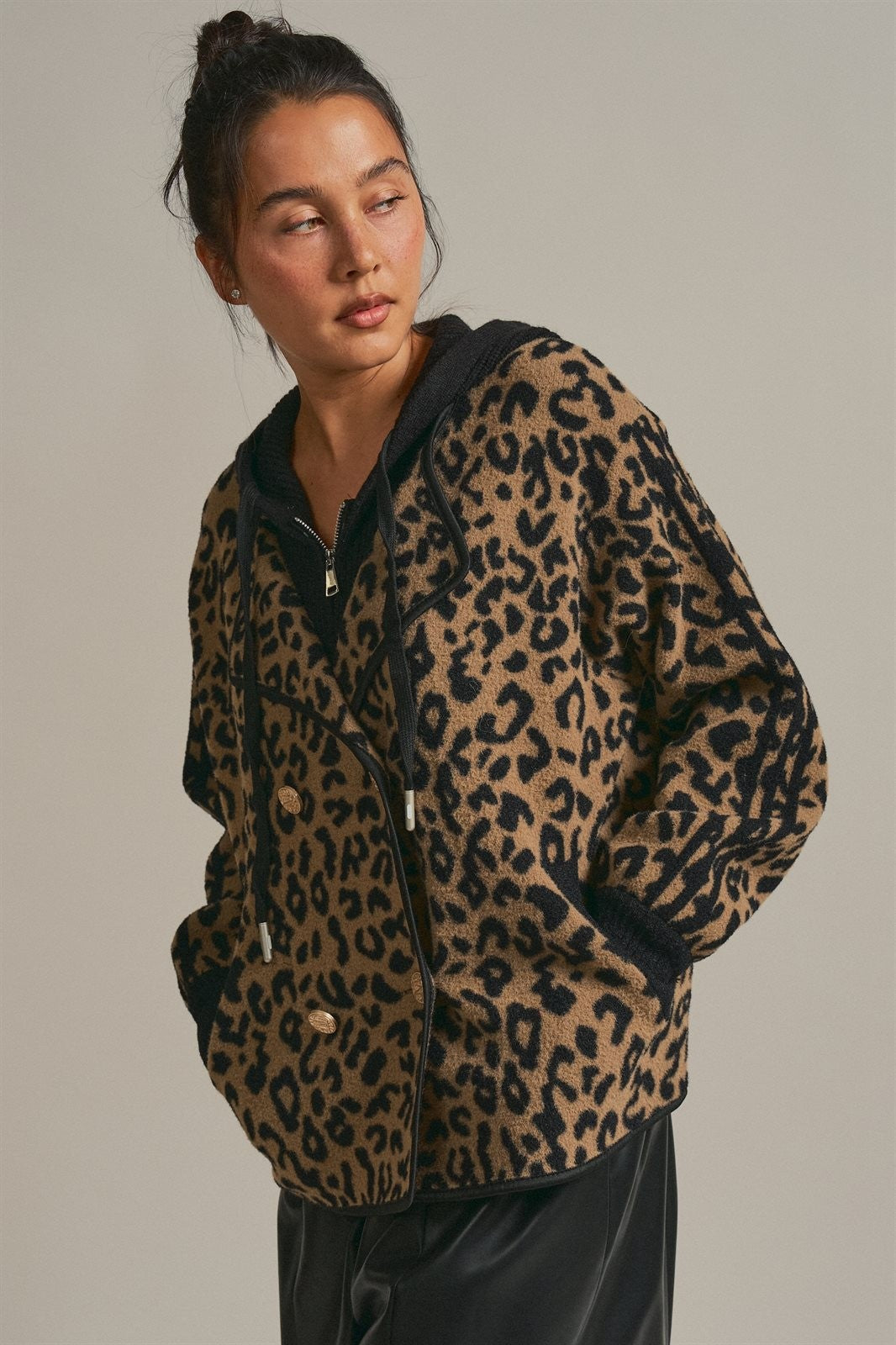 Hooded Leopard Knit Jacket With Gold Buttons in Leopard - Women's Wholesale Fashion | Trend Notes