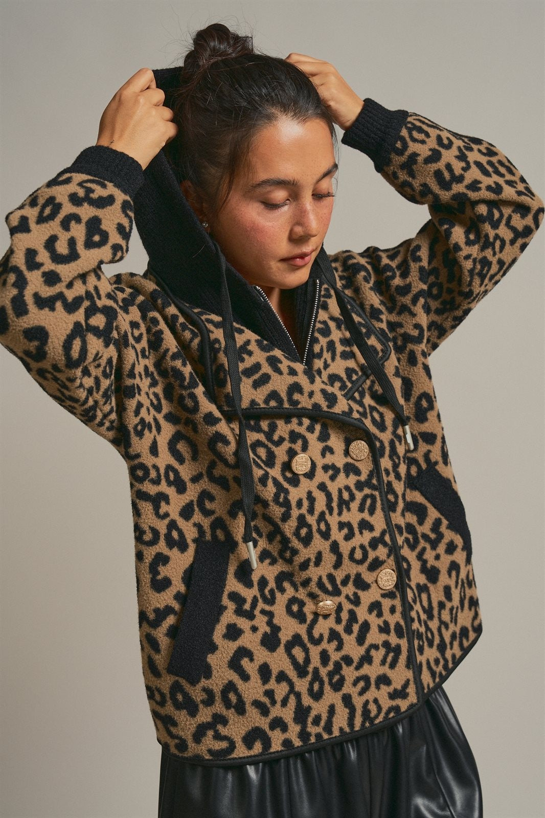 Hooded Leopard Knit Jacket With Gold Buttons in Leopard - Women's Wholesale Fashion | Trend Notes