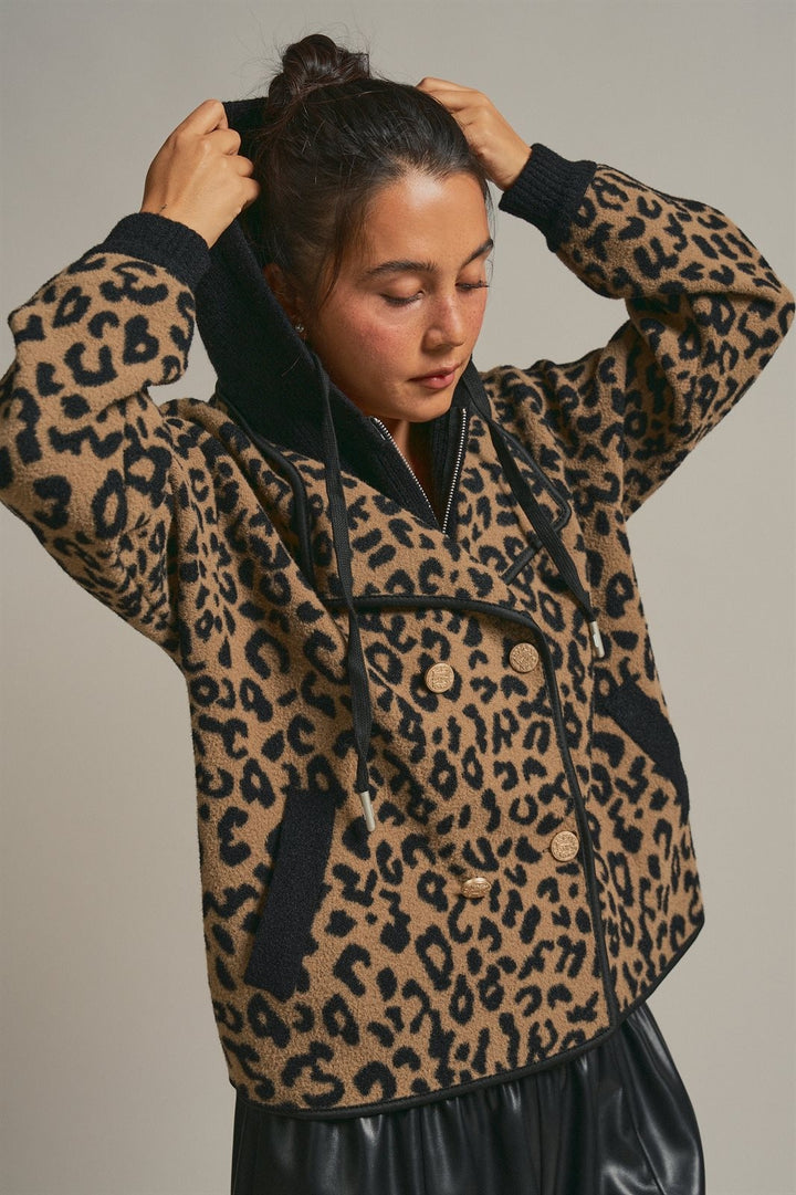 Hooded Leopard Knit Jacket With Gold Buttons in Leopard - Women's Wholesale Fashion | Trend Notes
