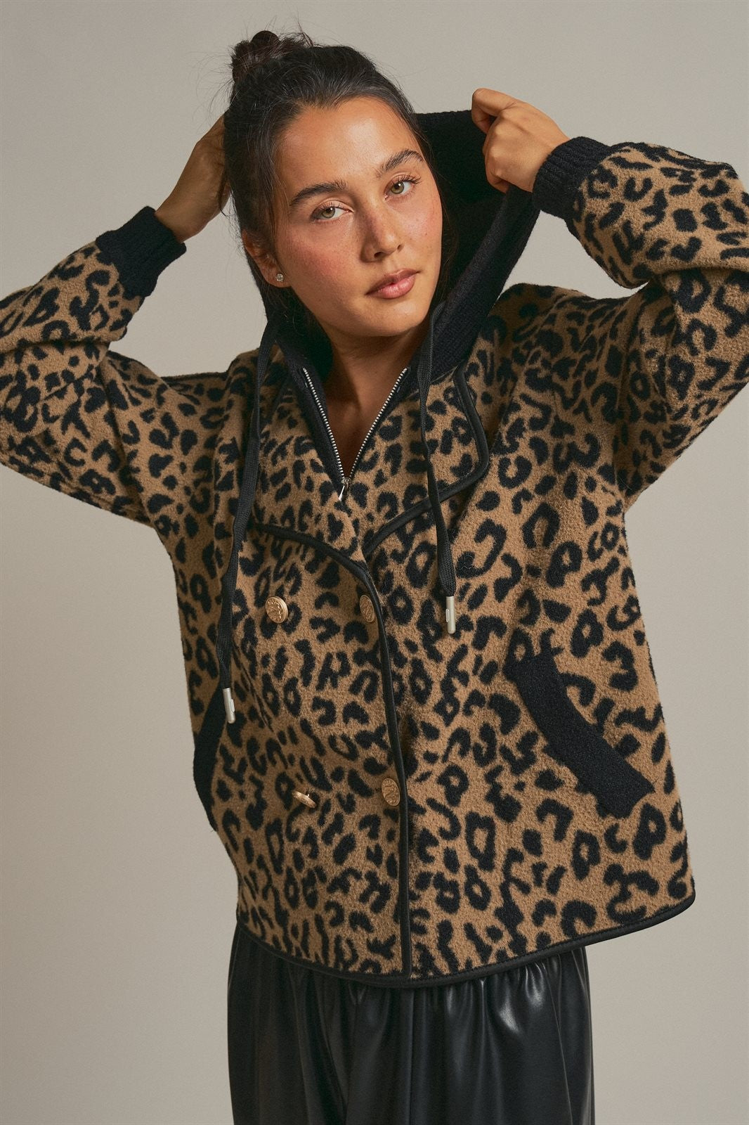 Hooded Leopard Knit Jacket With Gold Buttons in Leopard - Women's Wholesale Fashion | Trend Notes