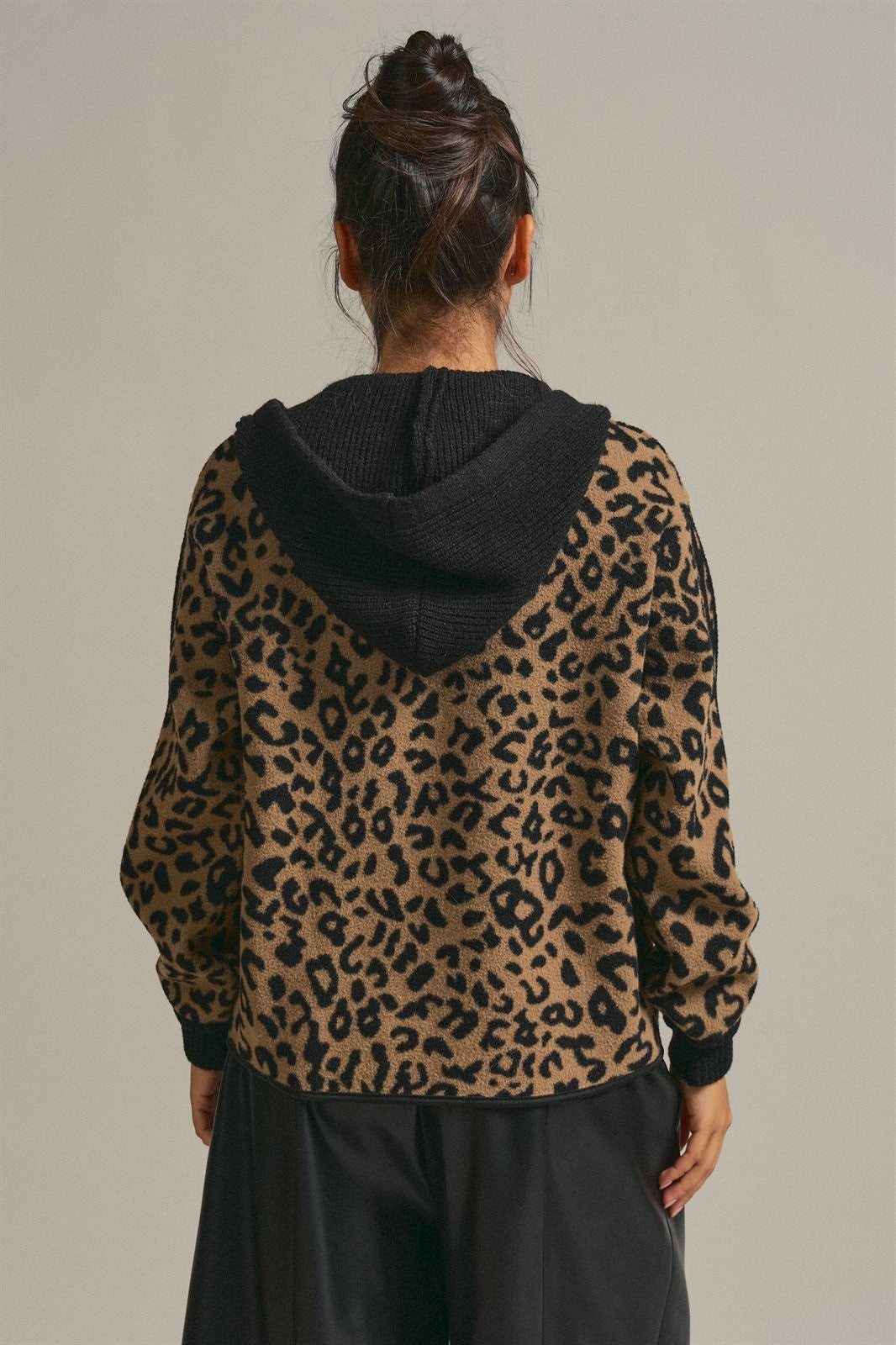 Hooded Leopard Knit Jacket With Gold Buttons in Leopard - Women's Wholesale Fashion | Trend Notes