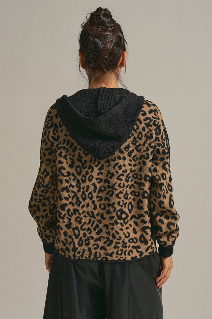 Hooded Leopard Knit Jacket With Gold Buttons in Leopard - Women's Wholesale Fashion | Trend Notes
