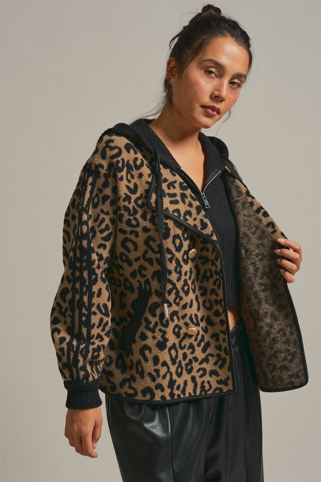 Hooded Leopard Knit Jacket With Gold Buttons in Leopard - Women's Wholesale Fashion | Trend Notes