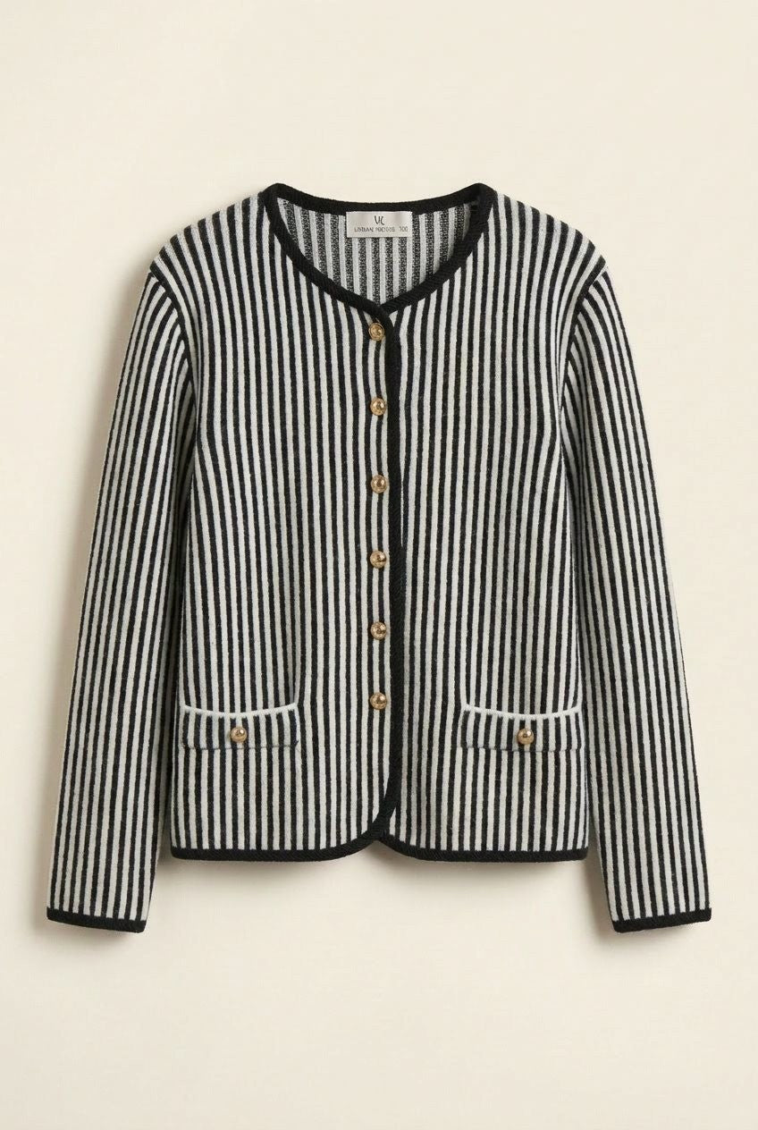 Vertical Stripe Sweater Knit Button Jacket with Gold Buttons in Ivory Black - Women's Wholesale Jackets & Blazers | Trend Notes