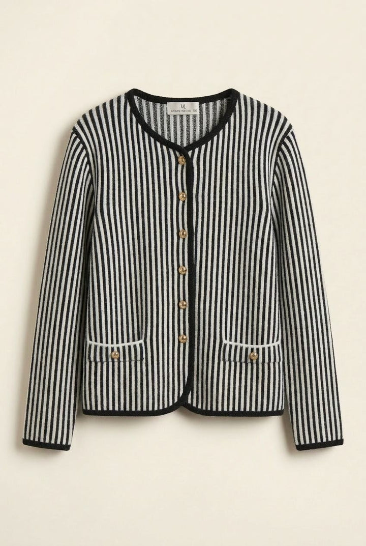 Vertical Stripe Sweater Knit Button Jacket with Gold Buttons in Ivory Black - Women's Wholesale Jackets & Blazers | Trend Notes