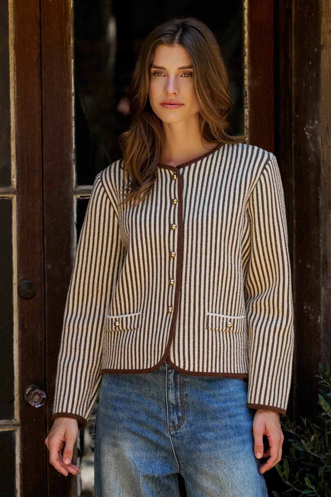 Vertical Stripe Sweater Knit Button Jacket with Gold Buttons in Ivory Brown - Women's Wholesale Jackets & Blazers | Trend Notes