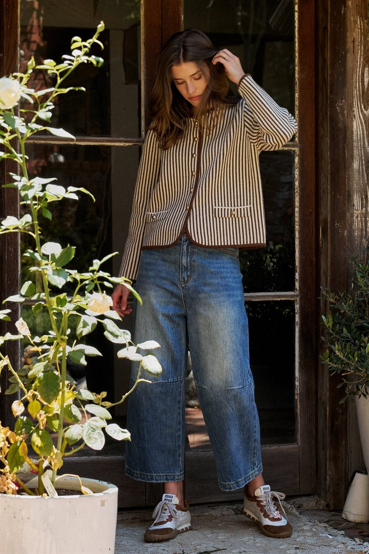 Vertical Stripe Sweater Knit Button Jacket with Gold Buttons in Ivory Brown - Women's Wholesale Jackets & Blazers | Trend Notes
