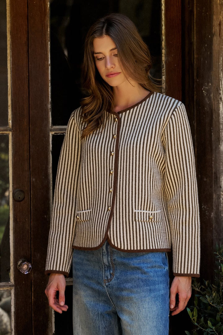 Vertical Stripe Sweater Knit Button Jacket with Gold Buttons in Ivory Brown - Women's Wholesale Jackets & Blazers | Trend Notes