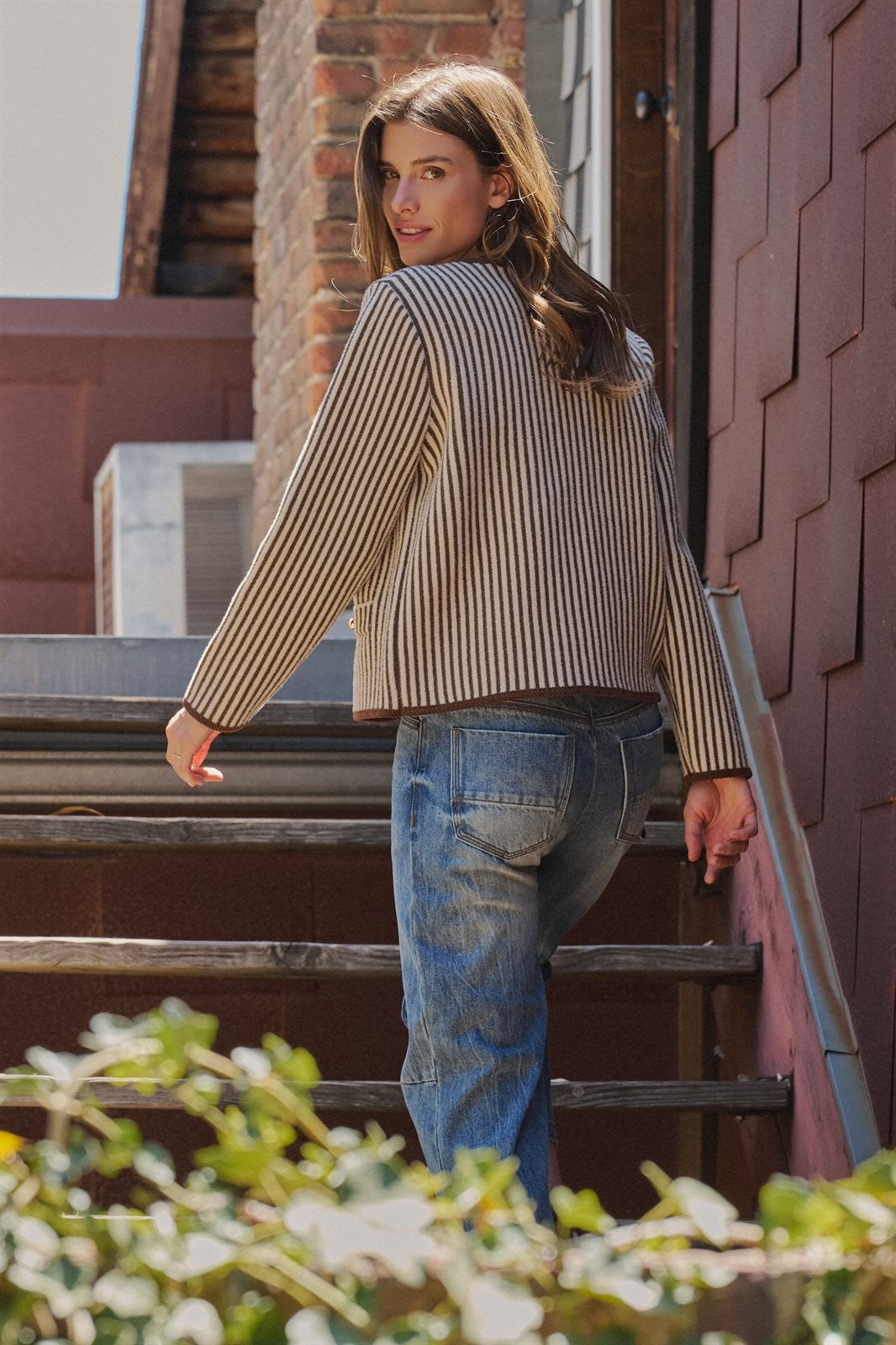 Vertical Stripe Sweater Knit Button Jacket with Gold Buttons in Ivory Brown - Women's Wholesale Jackets & Blazers | Trend Notes