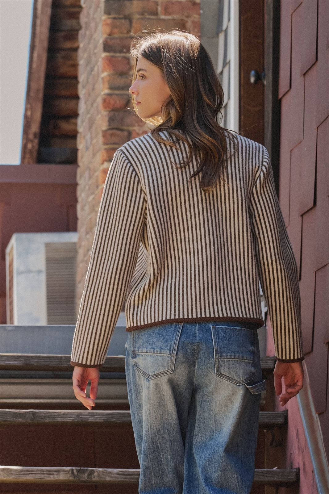 Vertical Stripe Sweater Knit Button Jacket with Gold Buttons in Ivory Brown - Women's Wholesale Jackets & Blazers | Trend Notes