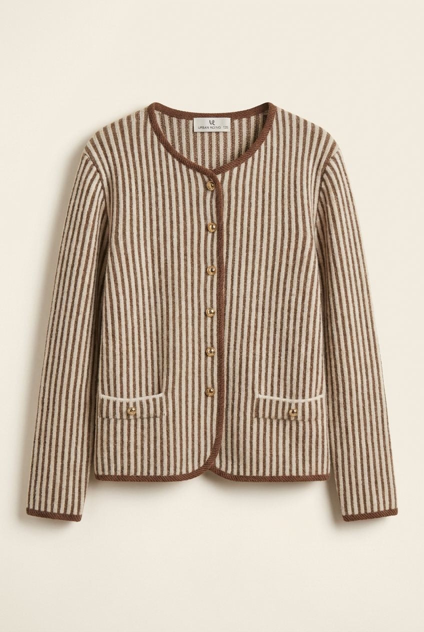 Vertical Stripe Sweater Knit Button Jacket with Gold Buttons in Ivory Brown - Women's Wholesale Jackets & Blazers | Trend Notes