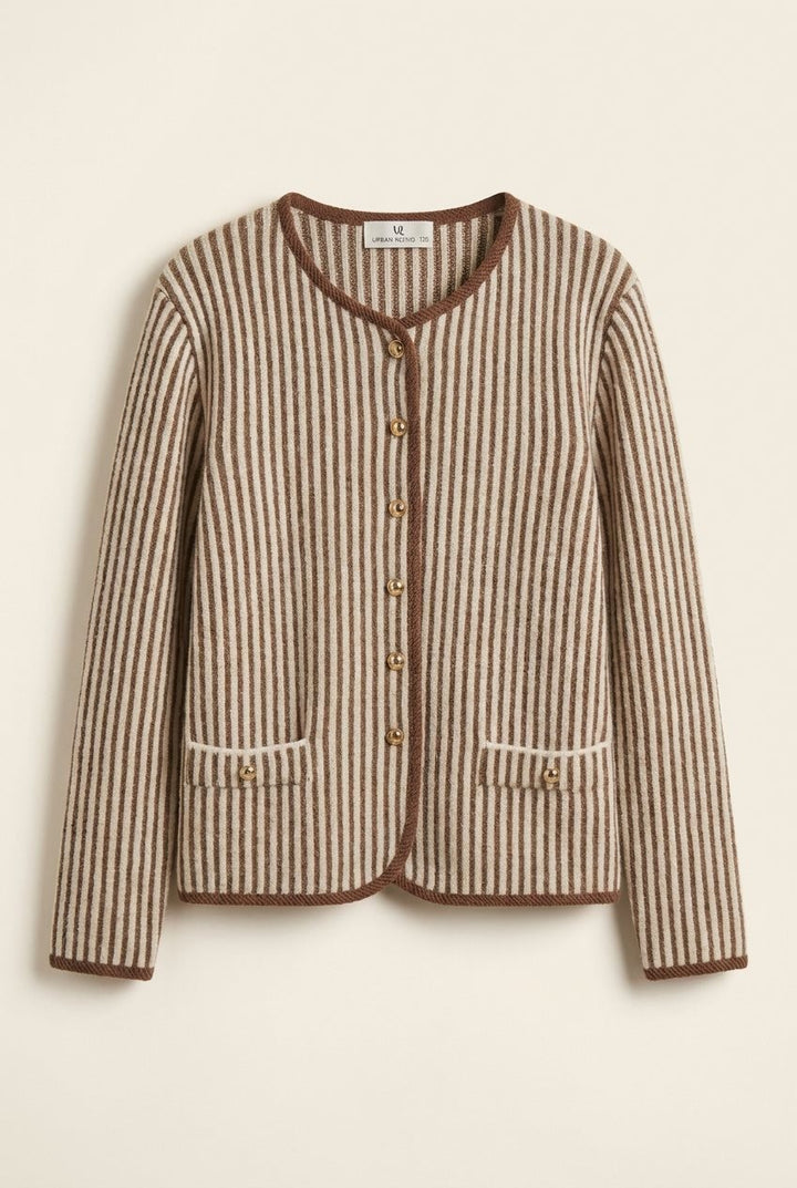 Vertical Stripe Sweater Knit Button Jacket with Gold Buttons in Ivory Brown - Women's Wholesale Jackets & Blazers | Trend Notes