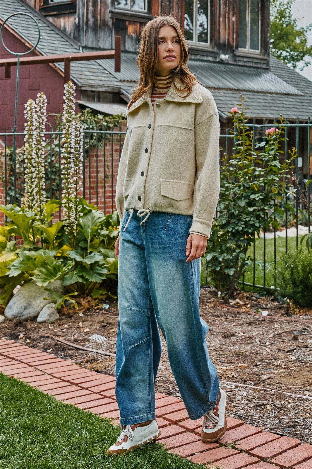 Sweater Knit Button Front Jacket with Detachable Collar in Ivory - Women's Wholesale Jackets & Blazers | Trend Notes