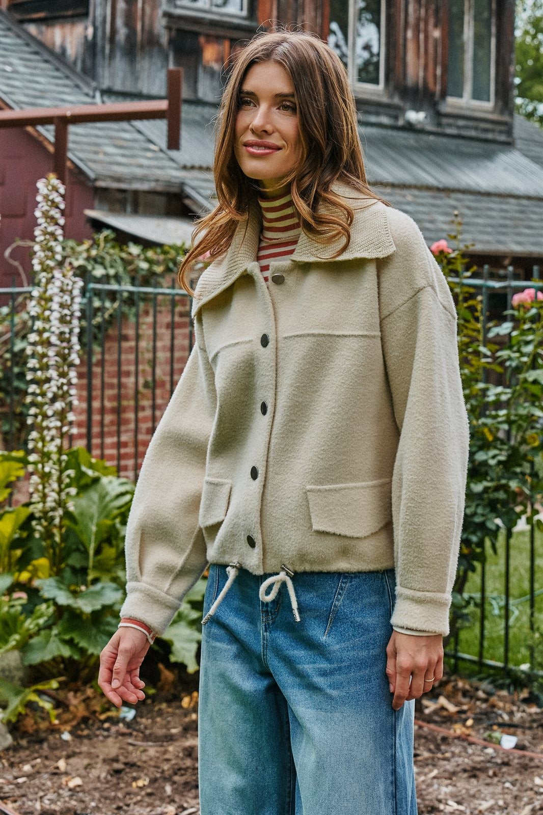 Sweater Knit Button Front Jacket with Detachable Collar in Ivory - Women's Wholesale Jackets & Blazers | Trend Notes