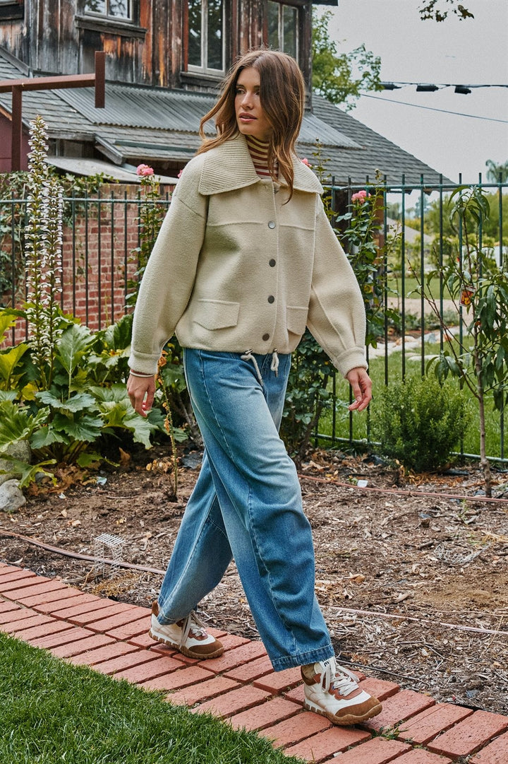 Sweater Knit Button Front Jacket with Detachable Collar in Ivory - Women's Wholesale Jackets & Blazers | Trend Notes