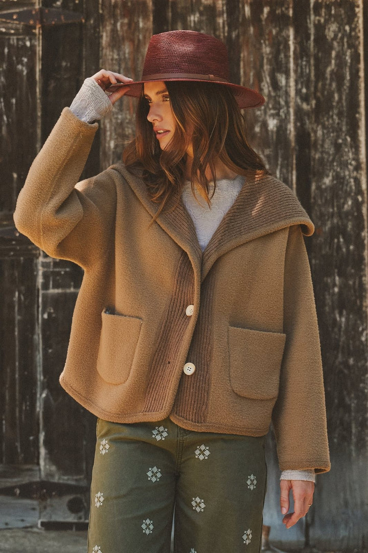 Two-Tone Reversible Shawl Collar Sweater Jacket in Camel - Women's Wholesale Jackets & Blazers | Trend Notes