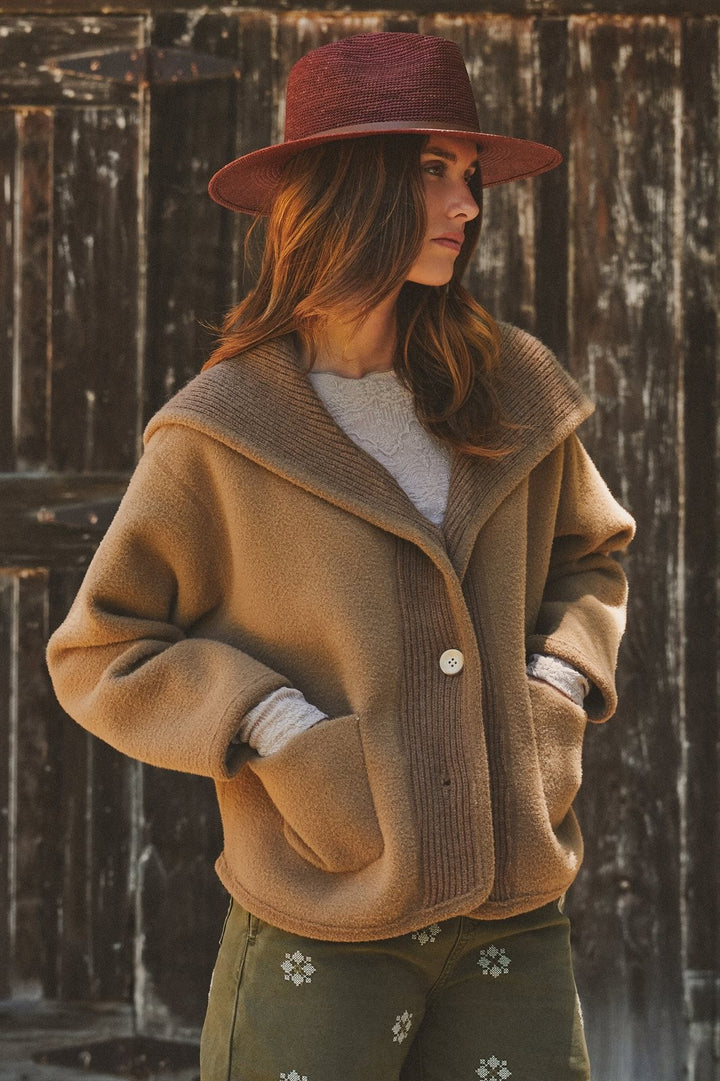 Two-Tone Reversible Shawl Collar Sweater Jacket in Camel - Women's Wholesale Jackets & Blazers | Trend Notes