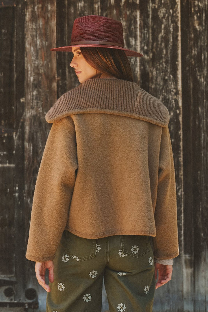 Two-Tone Reversible Shawl Collar Sweater Jacket in Camel - Women's Wholesale Jackets & Blazers | Trend Notes