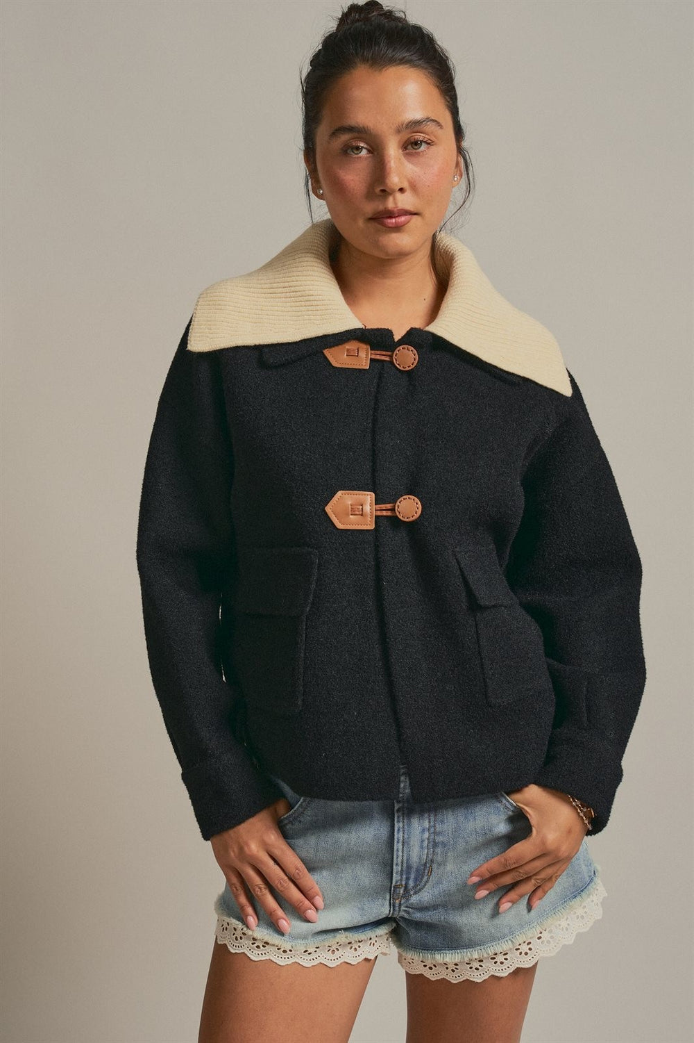 Toggle Front Sweater Jacket with Contrast Collar in Black - Women's Wholesale Jackets & Blazers | Trend Notes