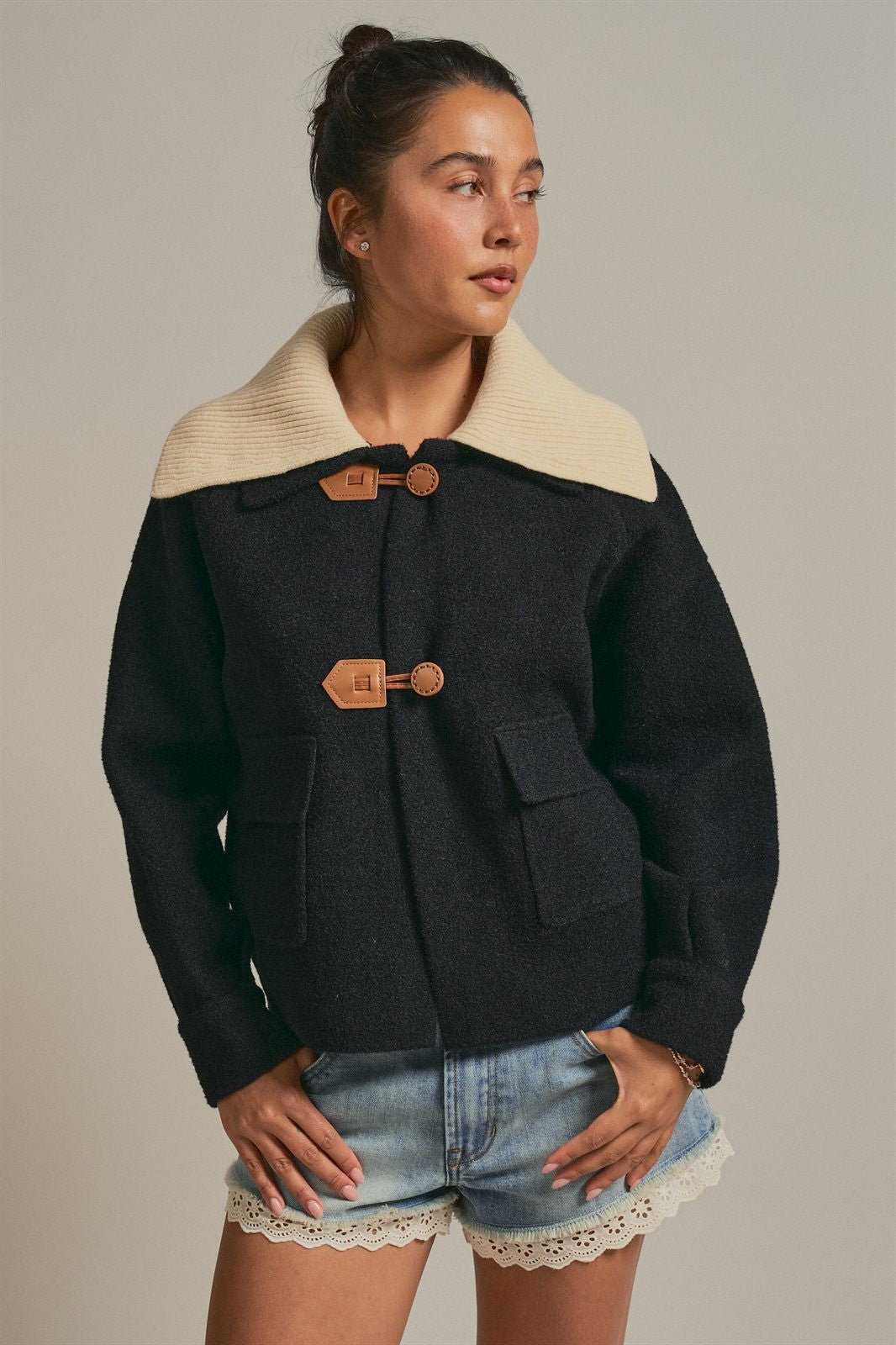Toggle Front Sweater Jacket with Contrast Collar in Black - Women's Wholesale Jackets & Blazers | Trend Notes