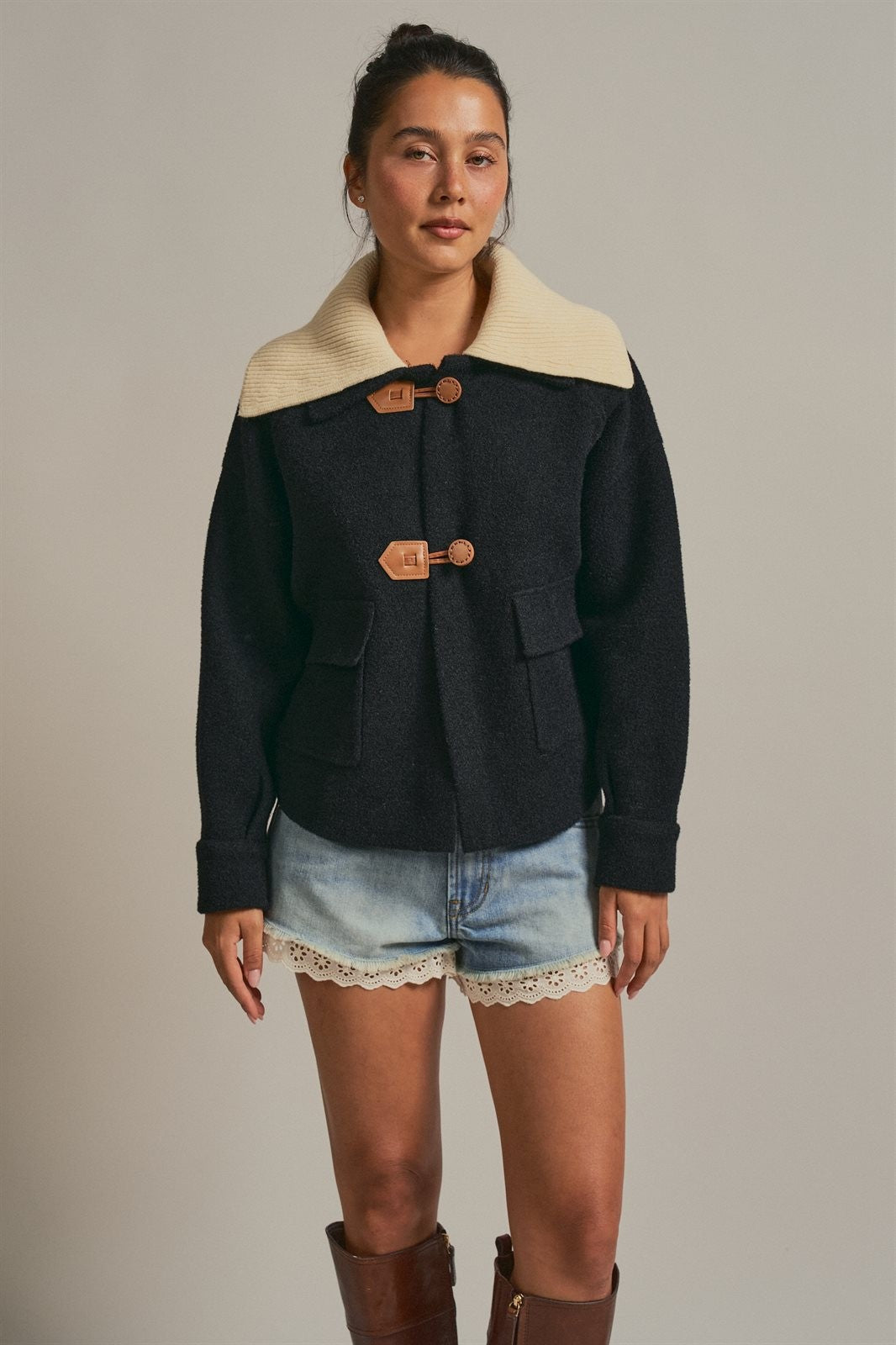Toggle Front Sweater Jacket with Contrast Collar in Black - Women's Wholesale Jackets & Blazers | Trend Notes