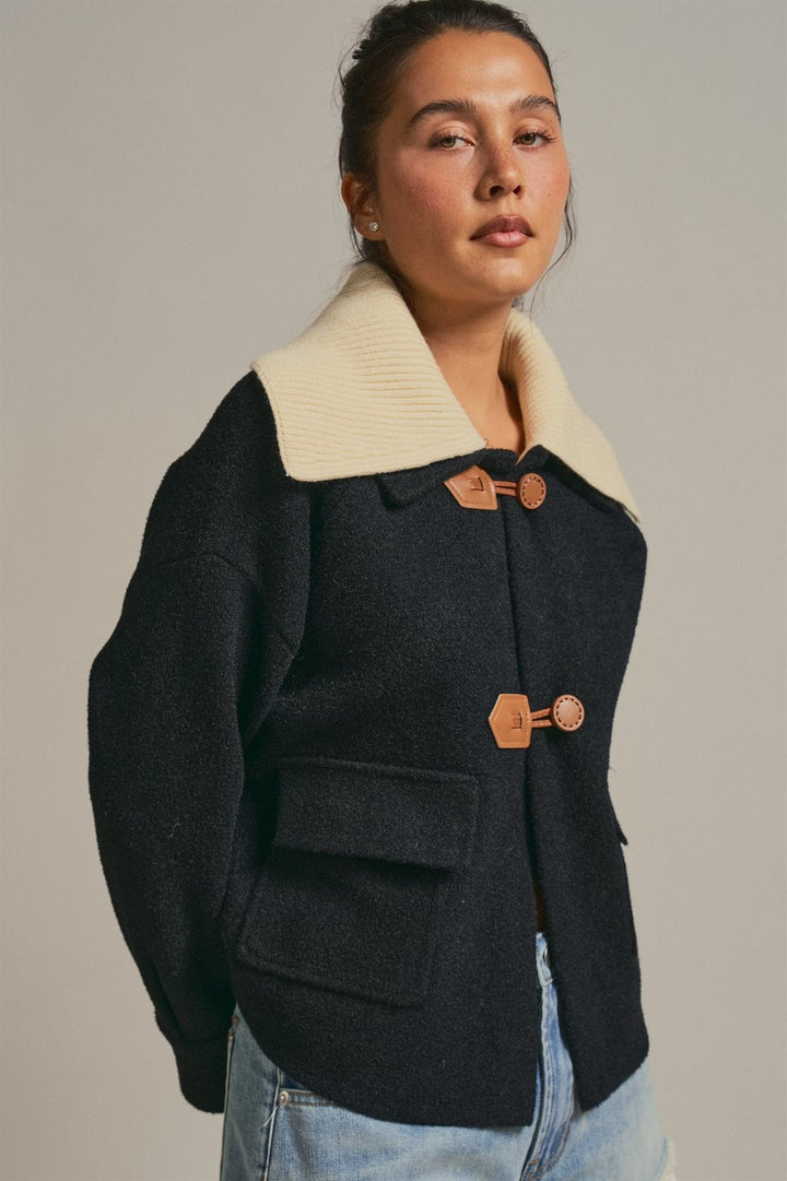 Toggle Front Sweater Jacket with Contrast Collar in Black - Women's Wholesale Jackets & Blazers | Trend Notes