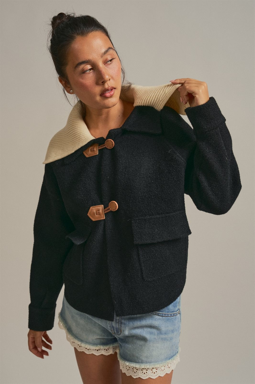 Toggle Front Sweater Jacket with Contrast Collar in Black - Women's Wholesale Jackets & Blazers | Trend Notes