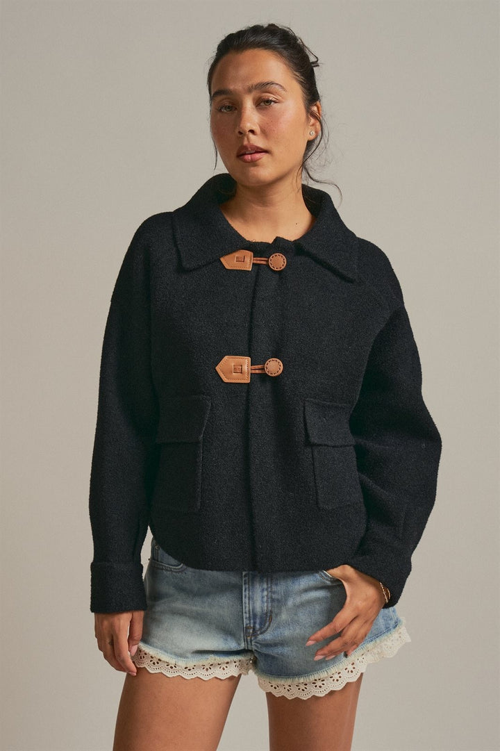Toggle Front Sweater Jacket with Contrast Collar in Black - Women's Wholesale Jackets & Blazers | Trend Notes