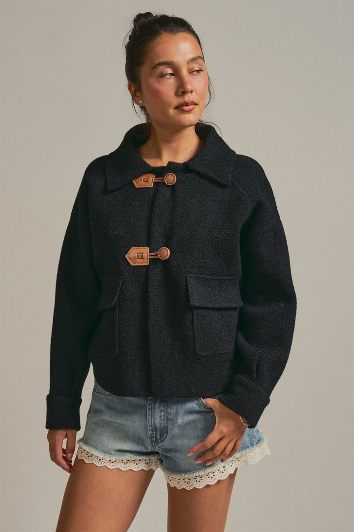Toggle Front Sweater Jacket with Contrast Collar in Black - Women's Wholesale Jackets & Blazers | Trend Notes