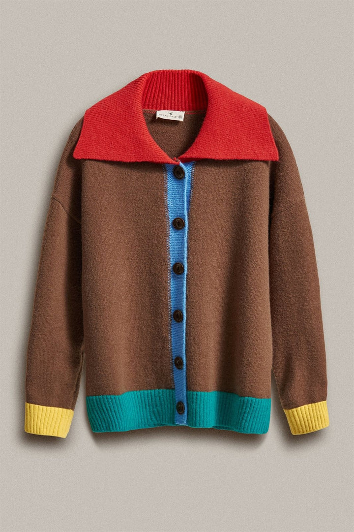 Color Block Collared Button Down Knit Cardigan in Brown - Women's Wholesale Fashion | Trend Notes
