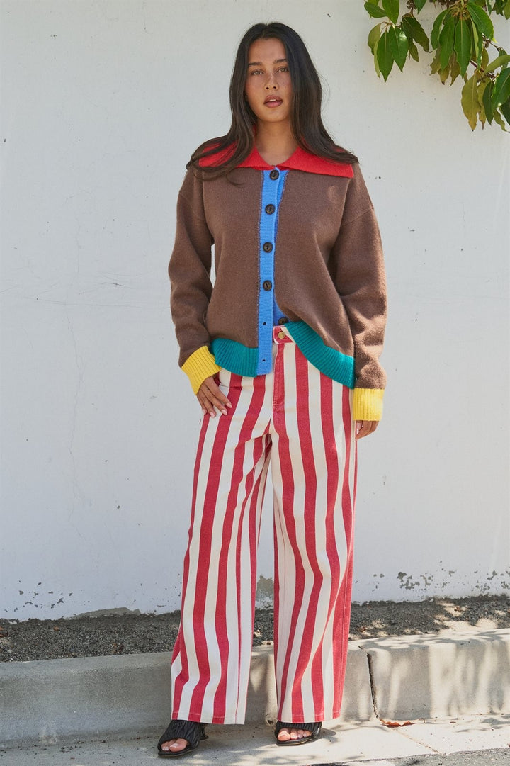 Color Block Collared Button Down Knit Cardigan in Brown - Women's Wholesale Fashion | Trend Notes